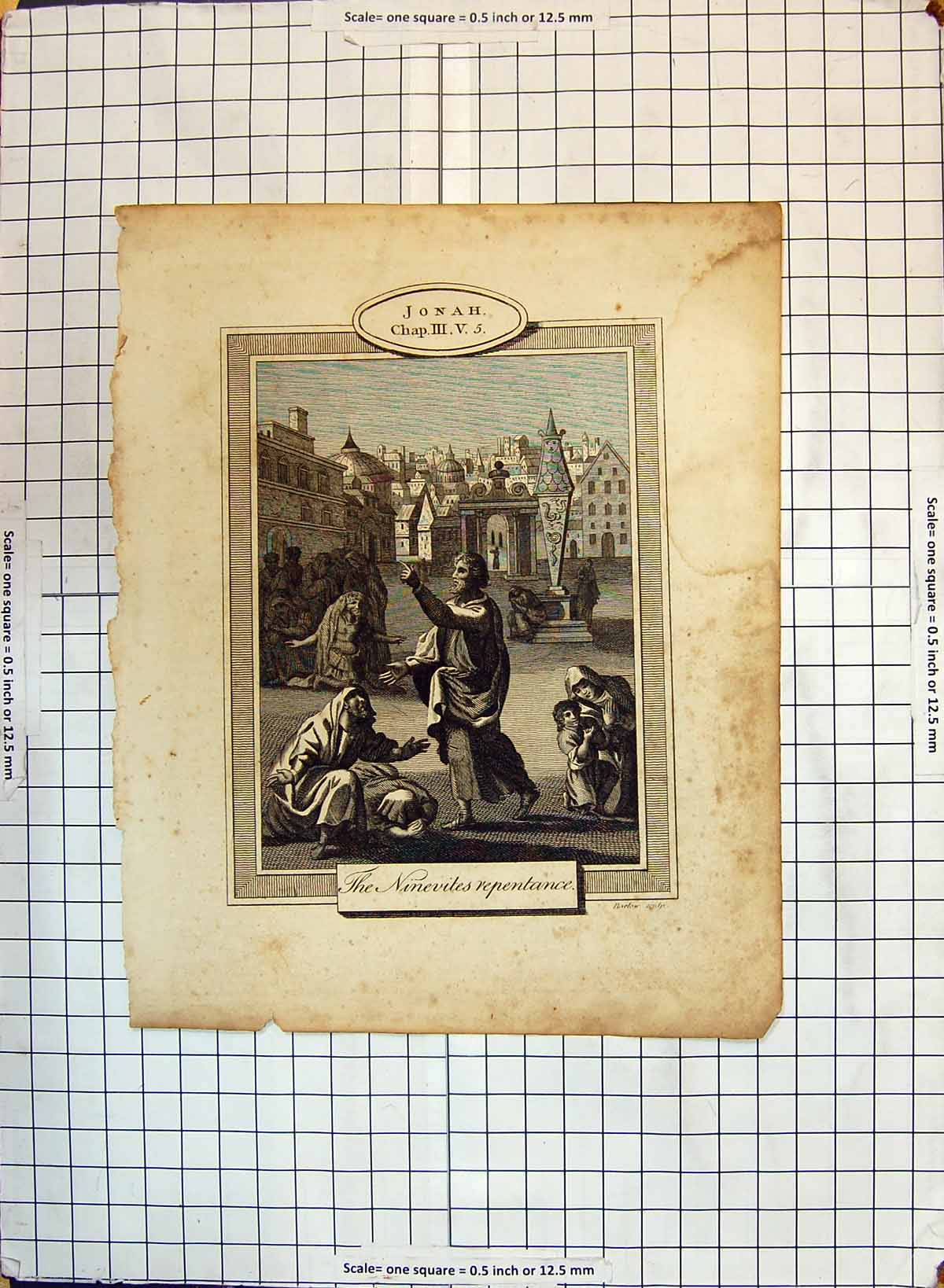 Original Old Antique Print Jonah Ninevites Repentance Scene Houses Architecture