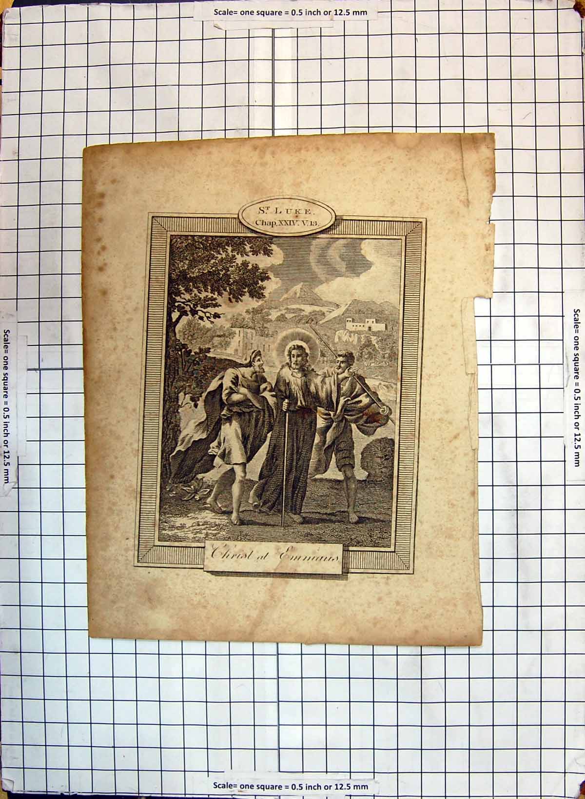 Original Old Antique Print St. Luke Scene Jesus Christ Emmaus Religion