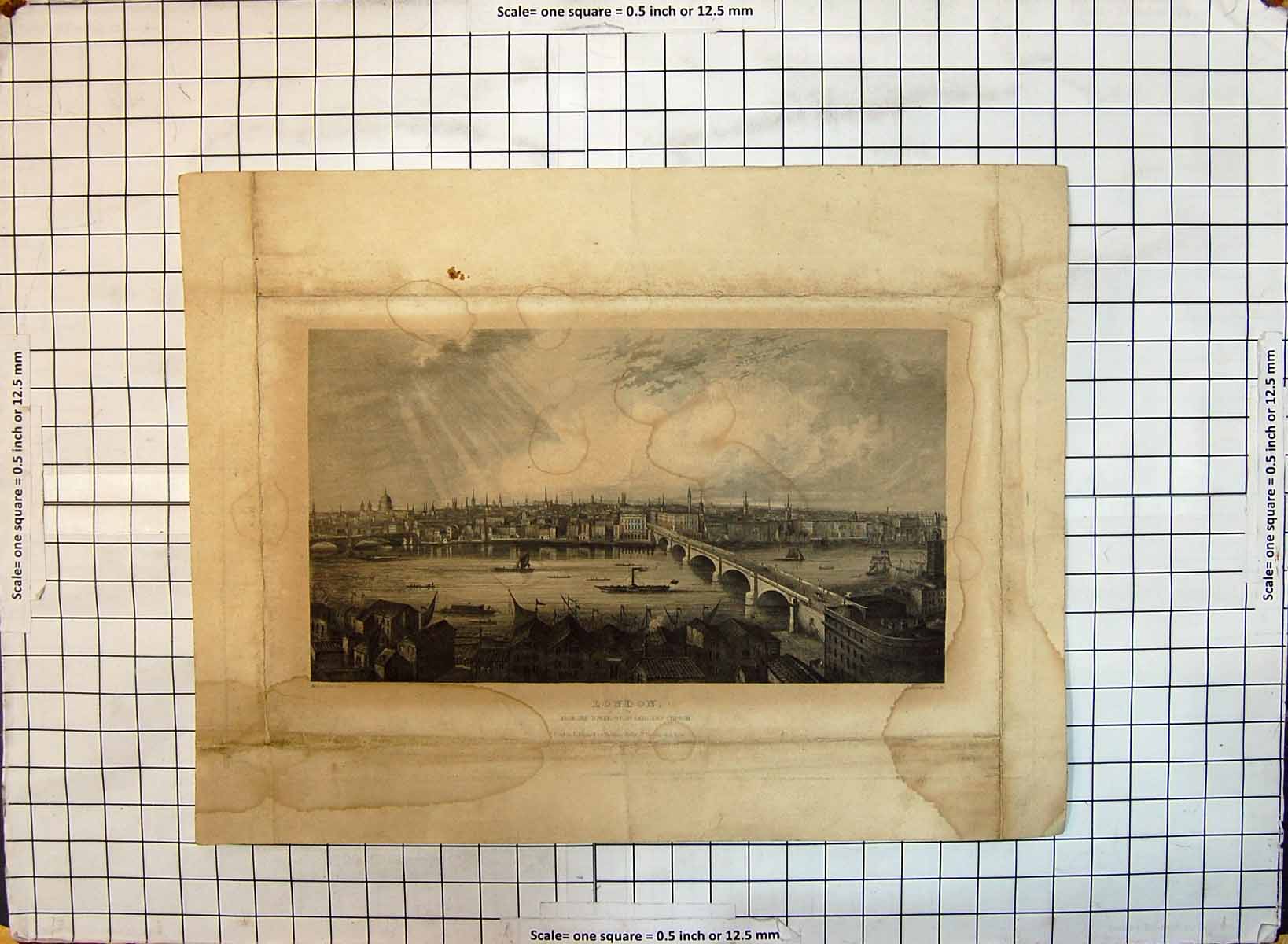 Antique Old Print View London St. Saviours Church River Thames Bridge England