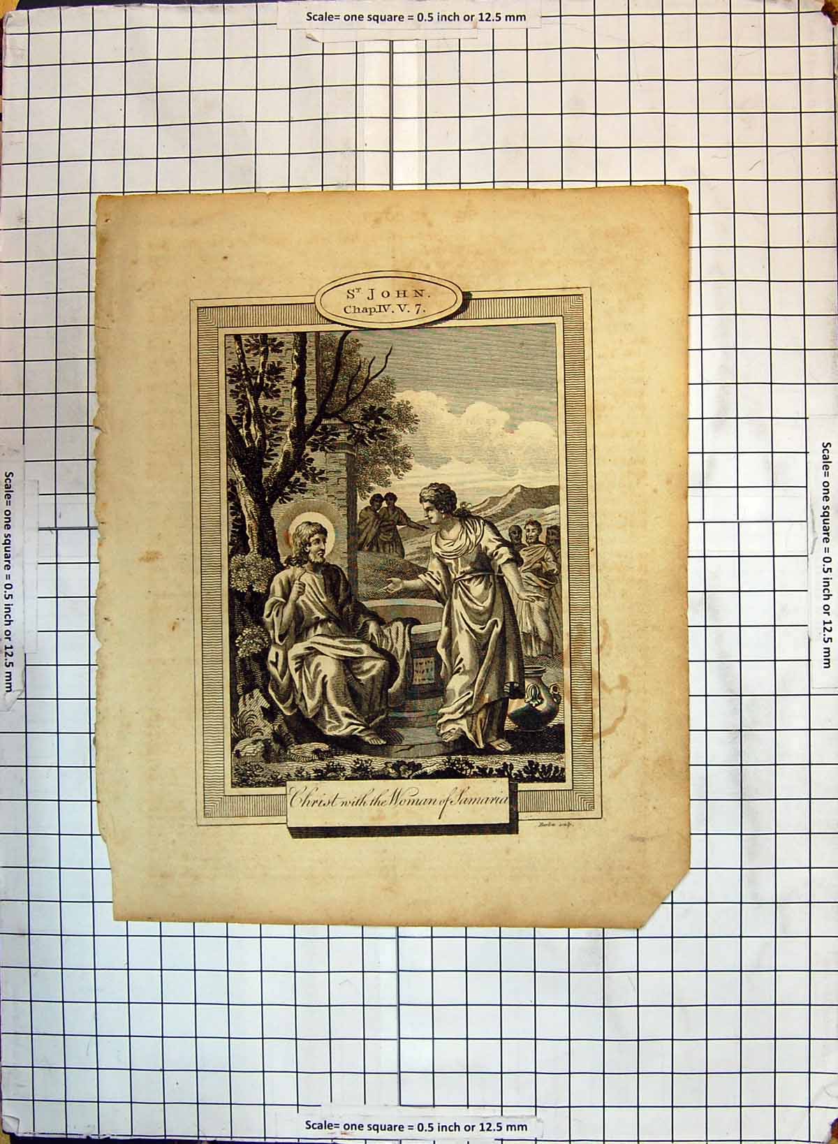 Original Old Antique Print St. John Christ Woman Samaria Religion