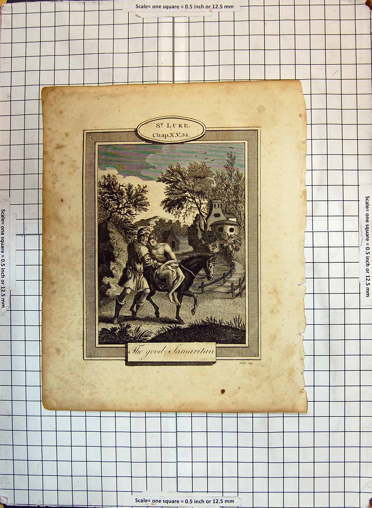 Original Old Antique Print St. Luke Scene Good Samaritan Men Horse