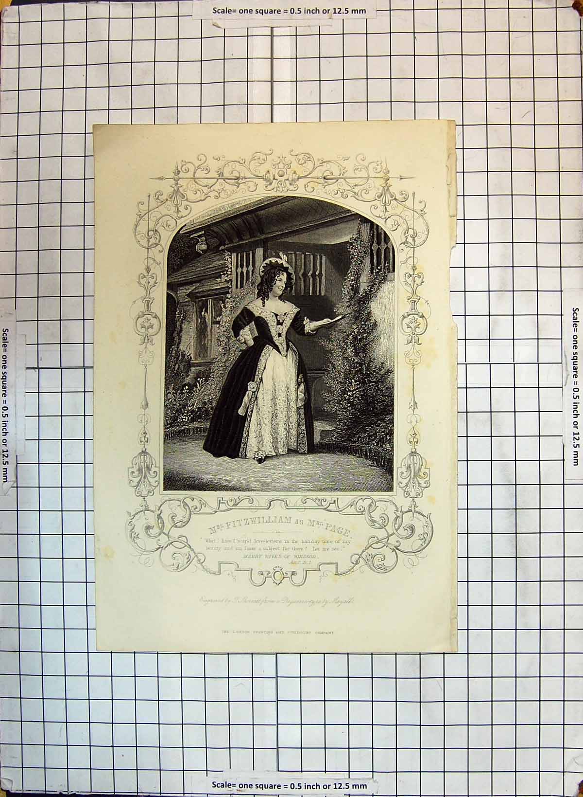 Antique Old Print Portrait Fitzwilliam Mrs Page Theatre Actress Wives Windsor