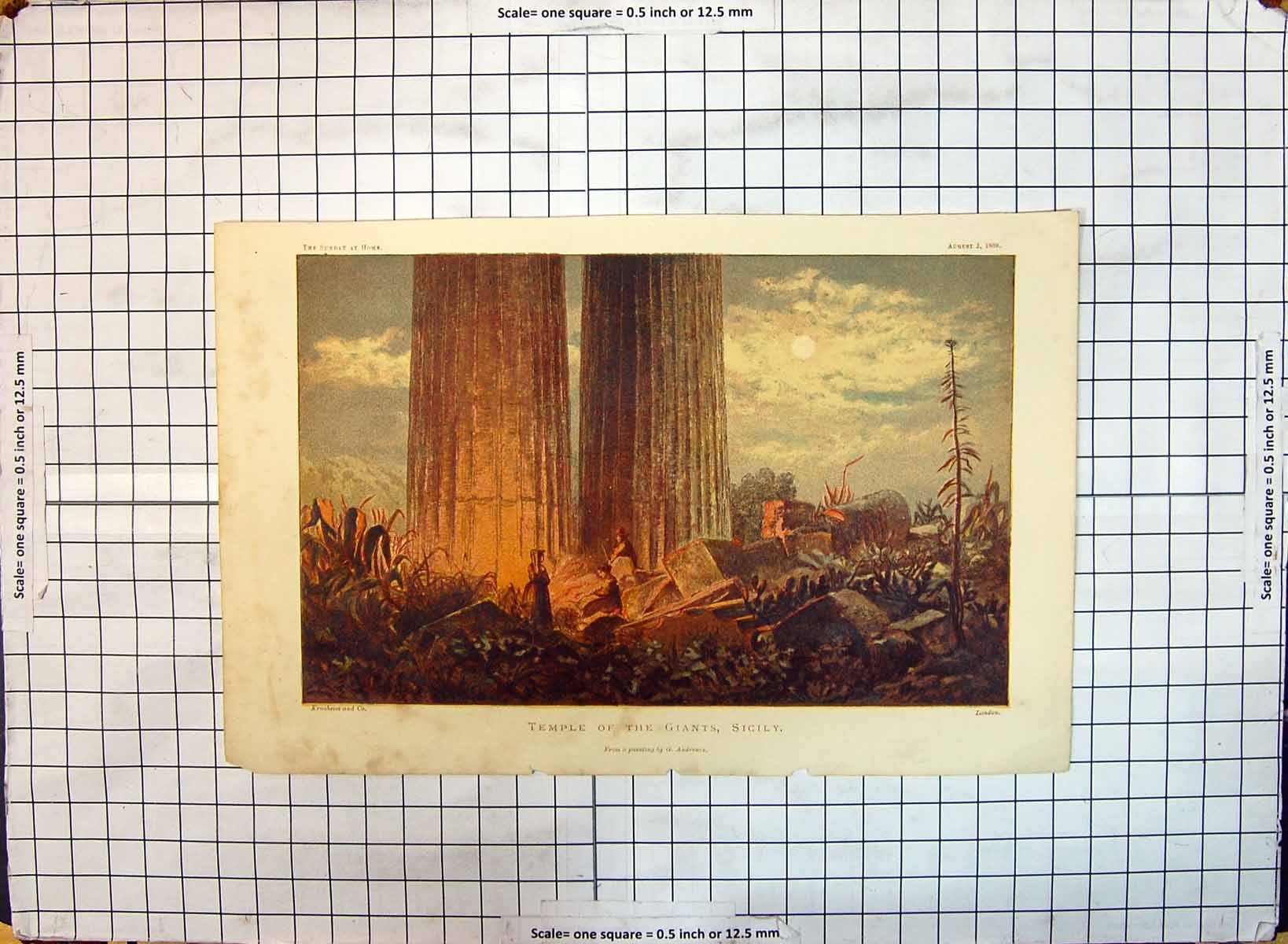 Original Old Antique Print Colour Temple Giants Sicily Sunlight Italy Victorian