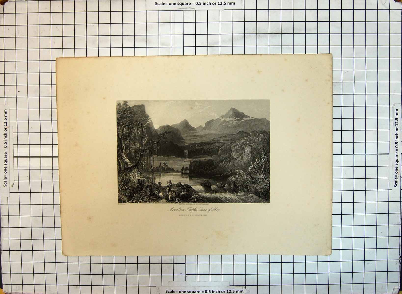 Original Old Antique Print Scene Mountain Temple Lake Aboo Engraving Victorian