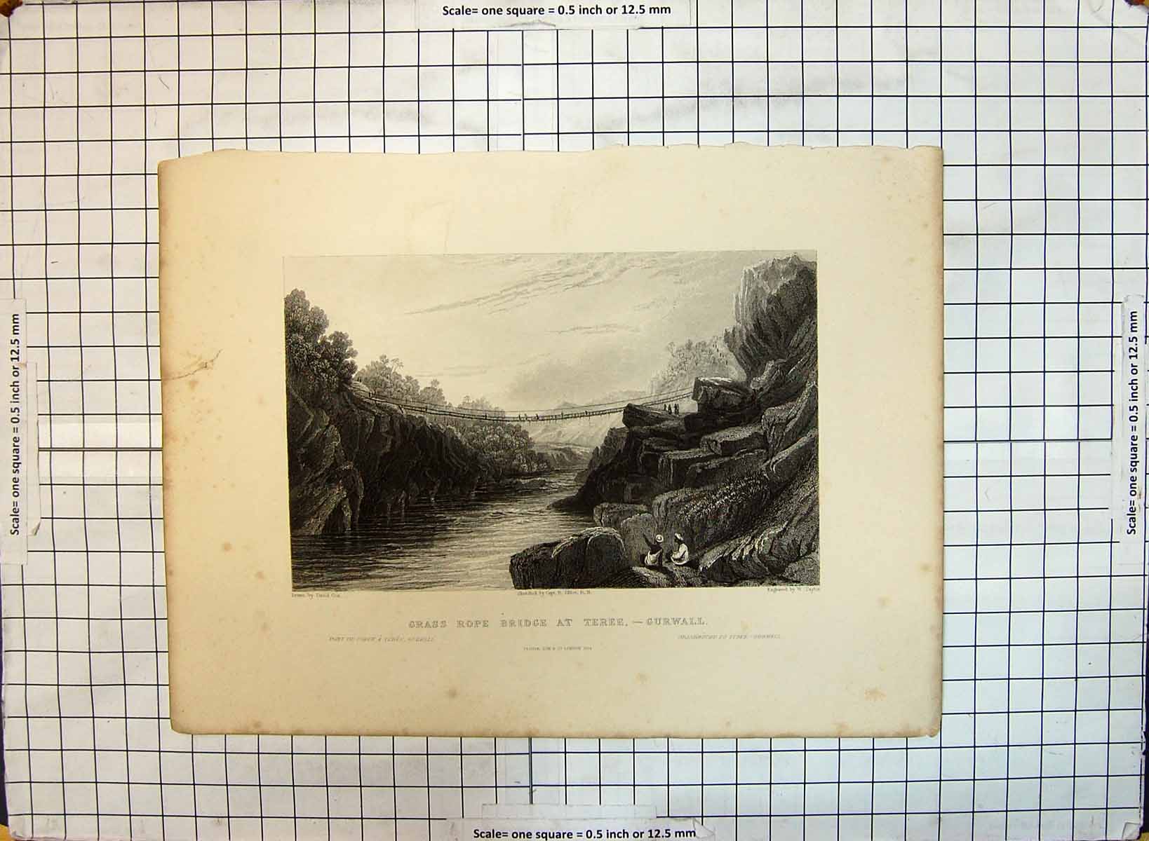 Antique Old Print Grass Rope Bridge Teree Gurwall River Scene Cox Taylor 1824