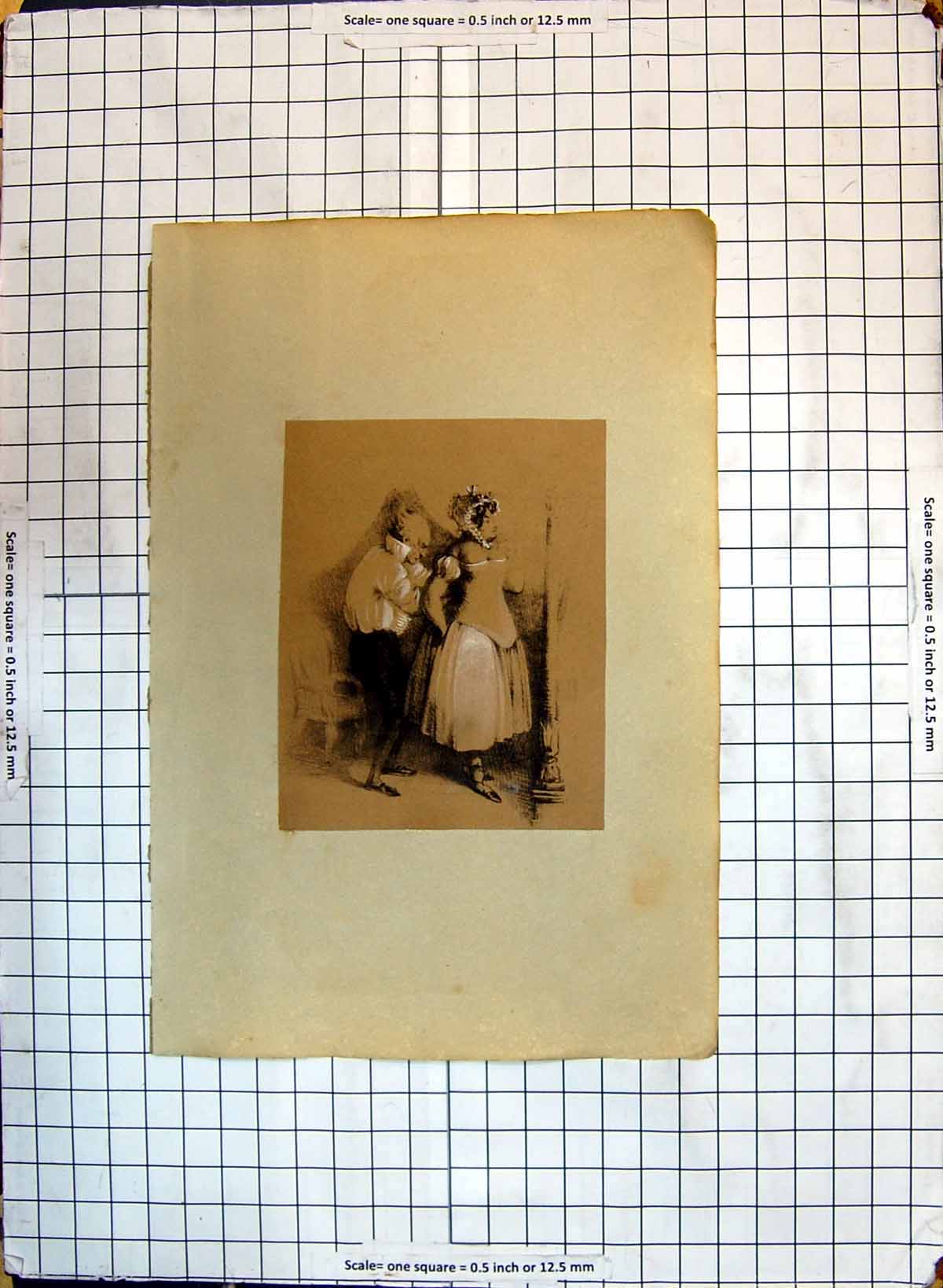Original Old Antique Print Sketch Man Woman Fashion Dress Dressmaker 20th
