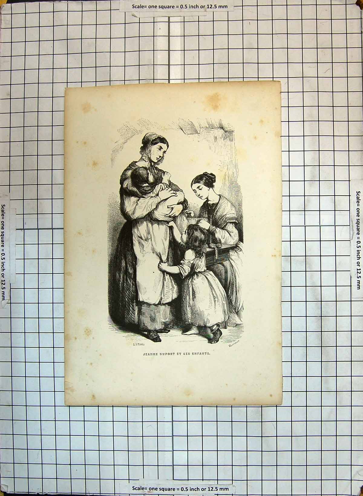 Original Old Antique Print Family Portrait Jeanne Duport Enfants Children