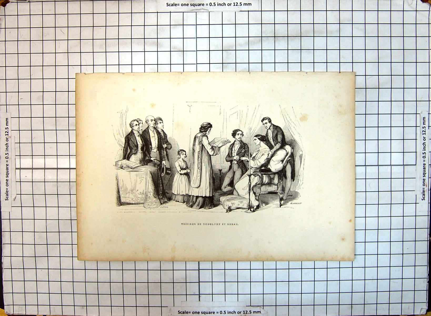 Original Old Antique Print Scene Marriage Wedding Rodolphe Sarah Celebration