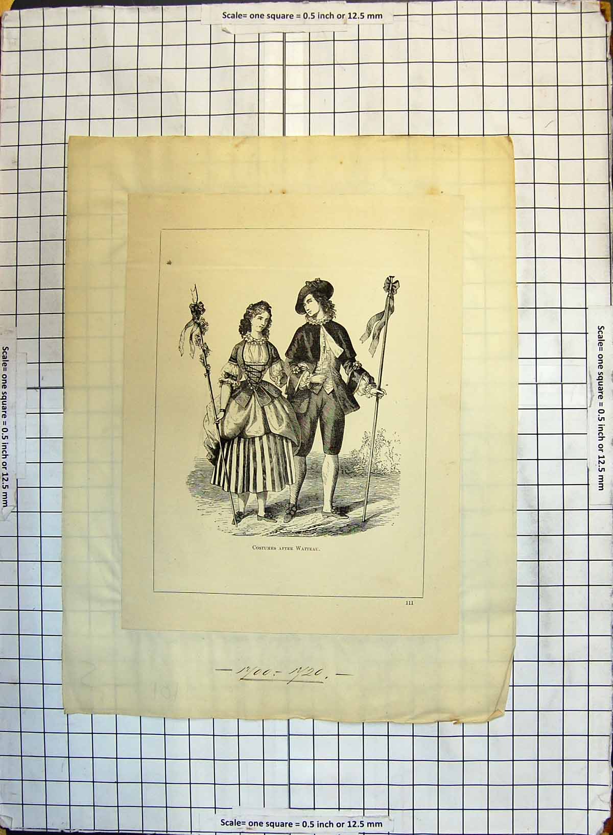 Original Old Antique Print Portrait Man Woman Costumes After Watteau