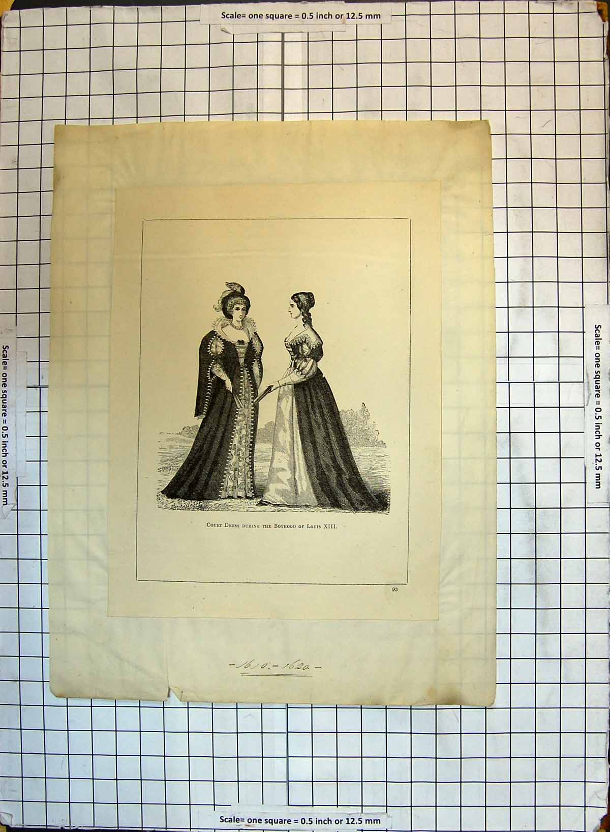 Original Old Antique Print Ladies Court Dress During Boyhood Louis Xiii