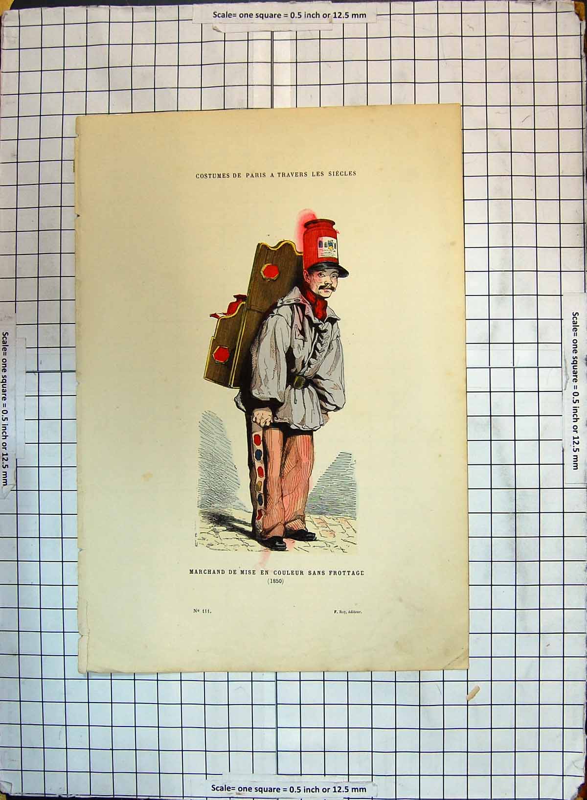 Original Old Antique Print Colour Costumes Paris Marchand Sans Frottage 1850