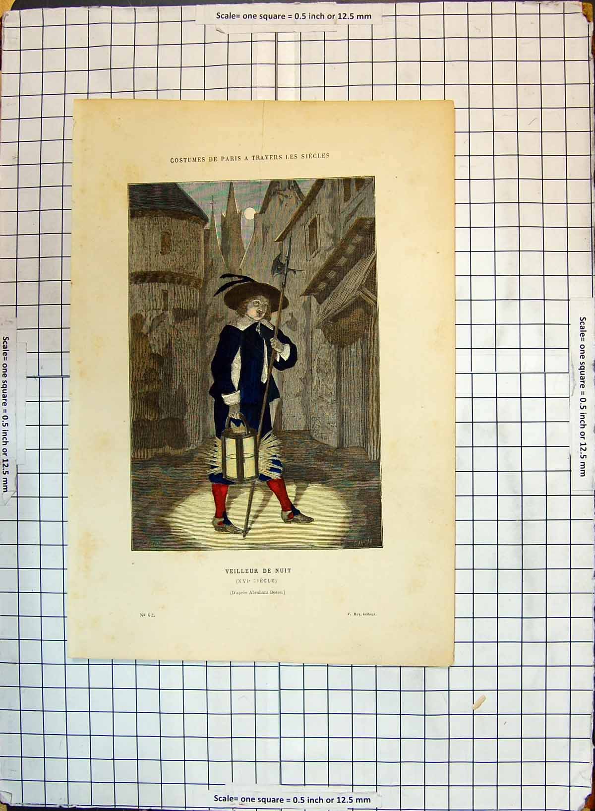 Original Old Antique Print Colour Costumes Paris Veilleur De Nuit Abraham Bosse