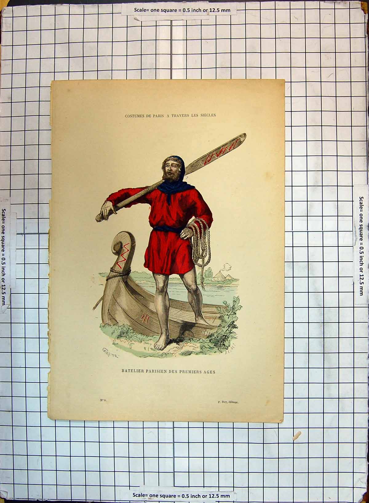 Old Print Colour Costumes Paris Boat Man Batelier Parisien Premiers Ages