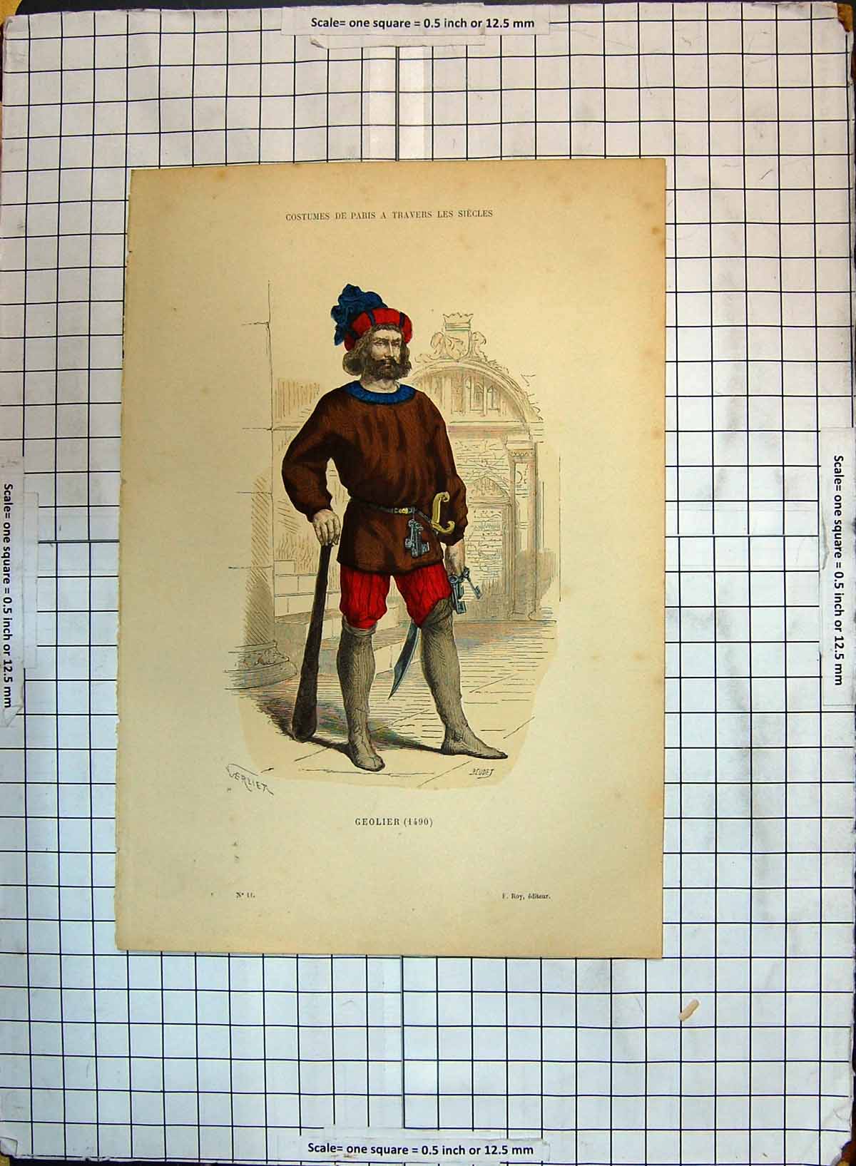 Old Vintage Print Colour Costumes Paris Geolier 1940 Men City Gate Keys 20th