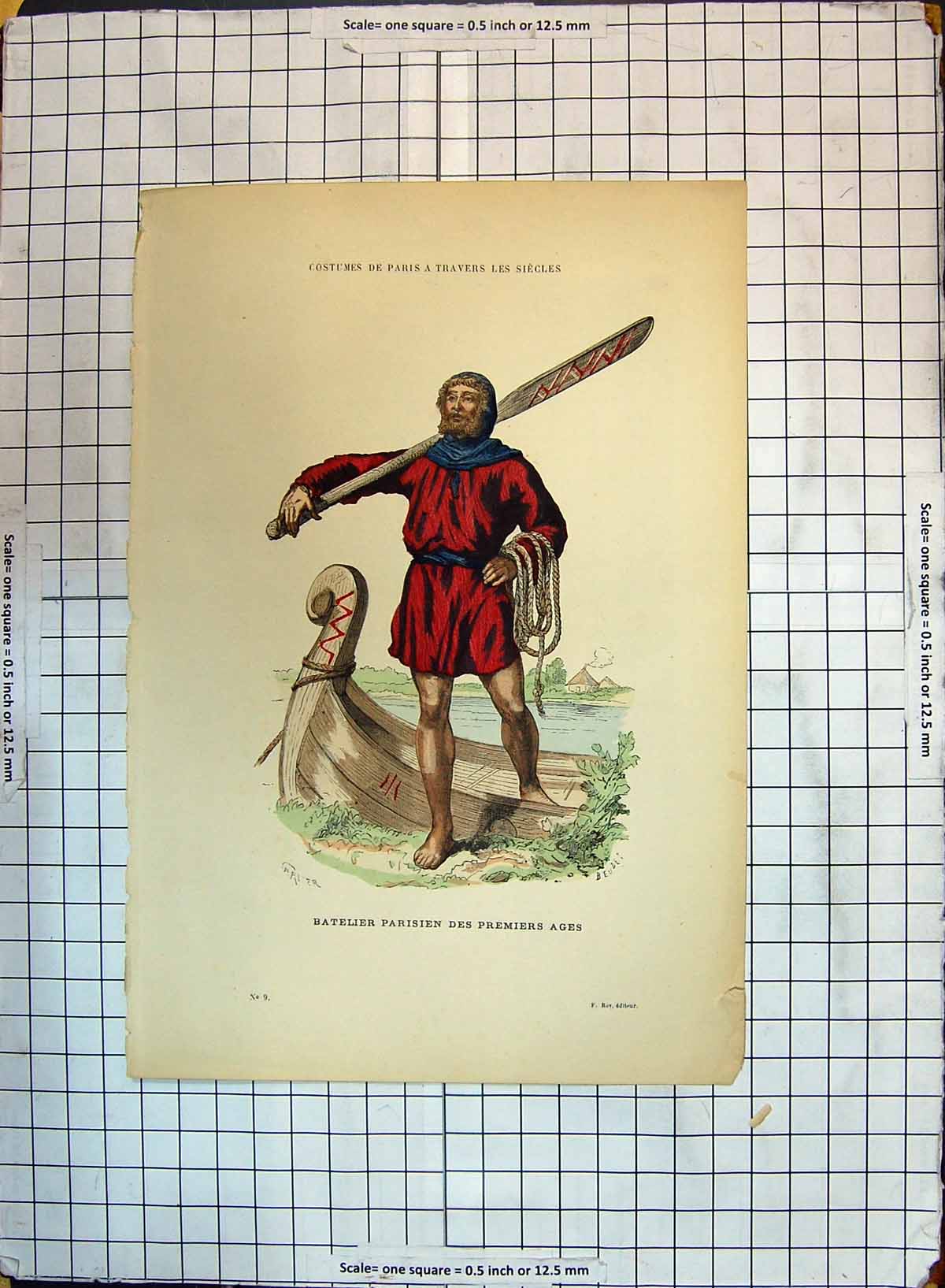 Original Old Antique Print Colour Costumes Paris Boat Man Oar Batelier Parisien
