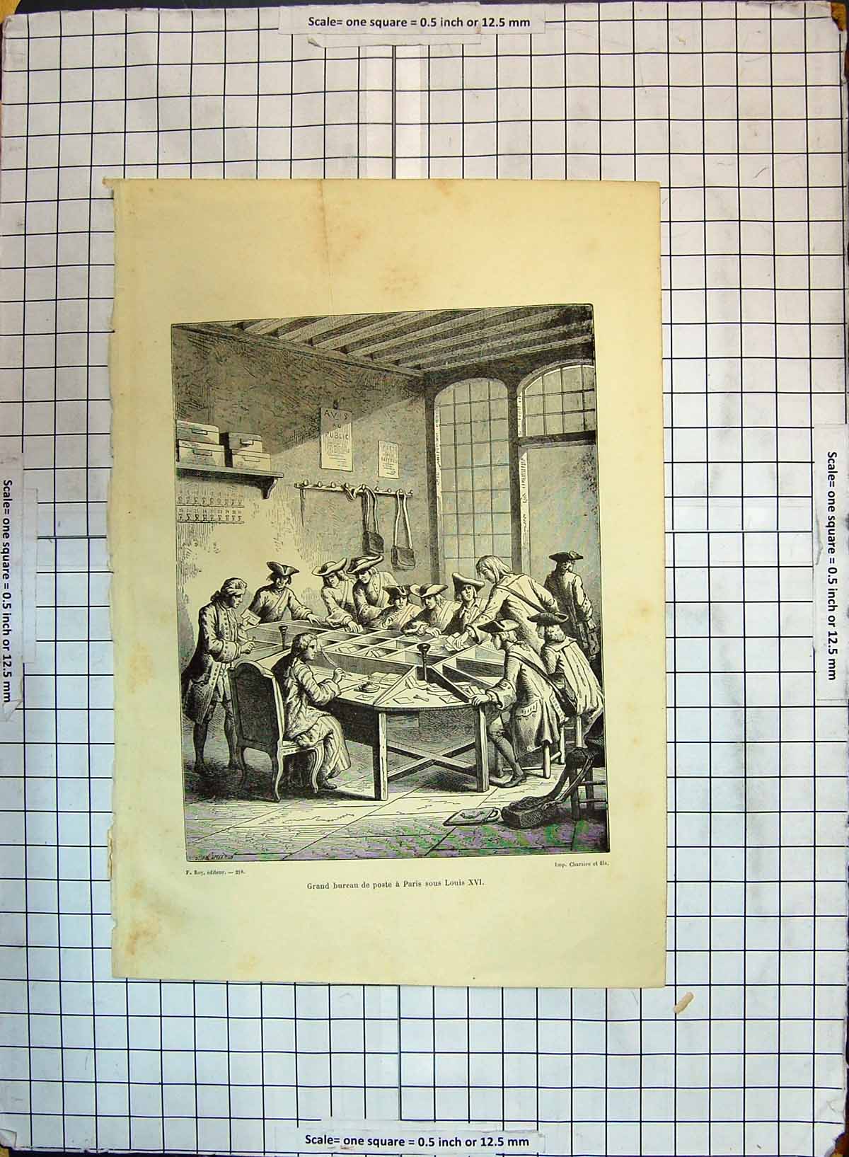 Antique Old Print Grand Bureau Poste Paris Sous Louise Xvi Post Office France