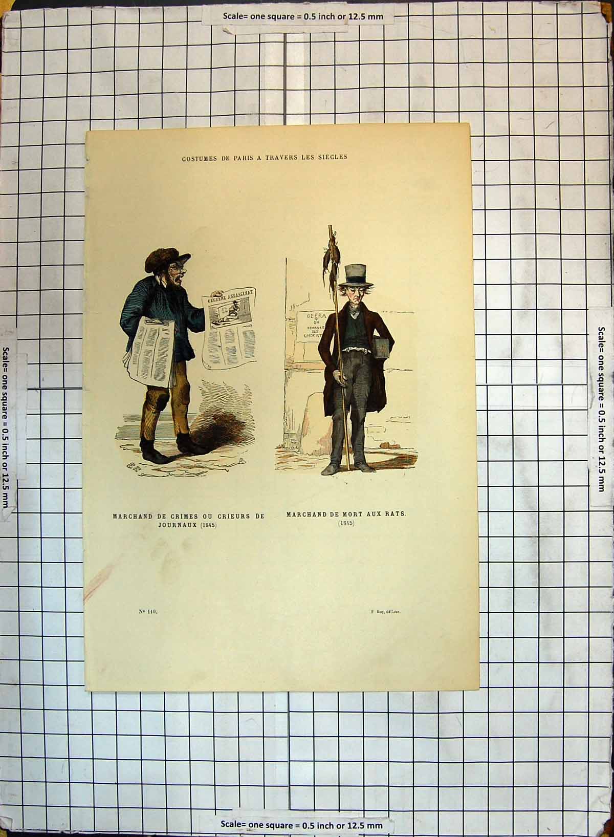 Antique Print Costume Paris Marchand Mort Aux Rats Crimes Newspaper Seller