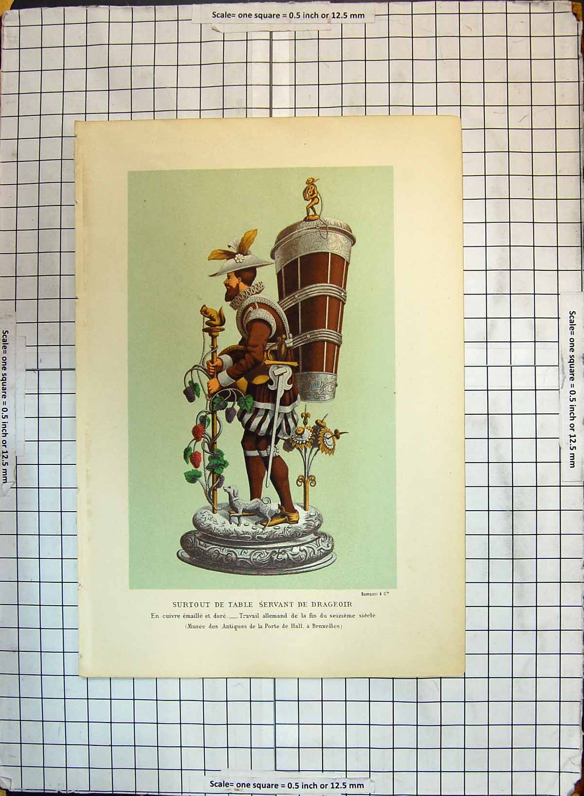Old Antique Print Surtout De Table Servant Drageoir Ornament Flowers Dog