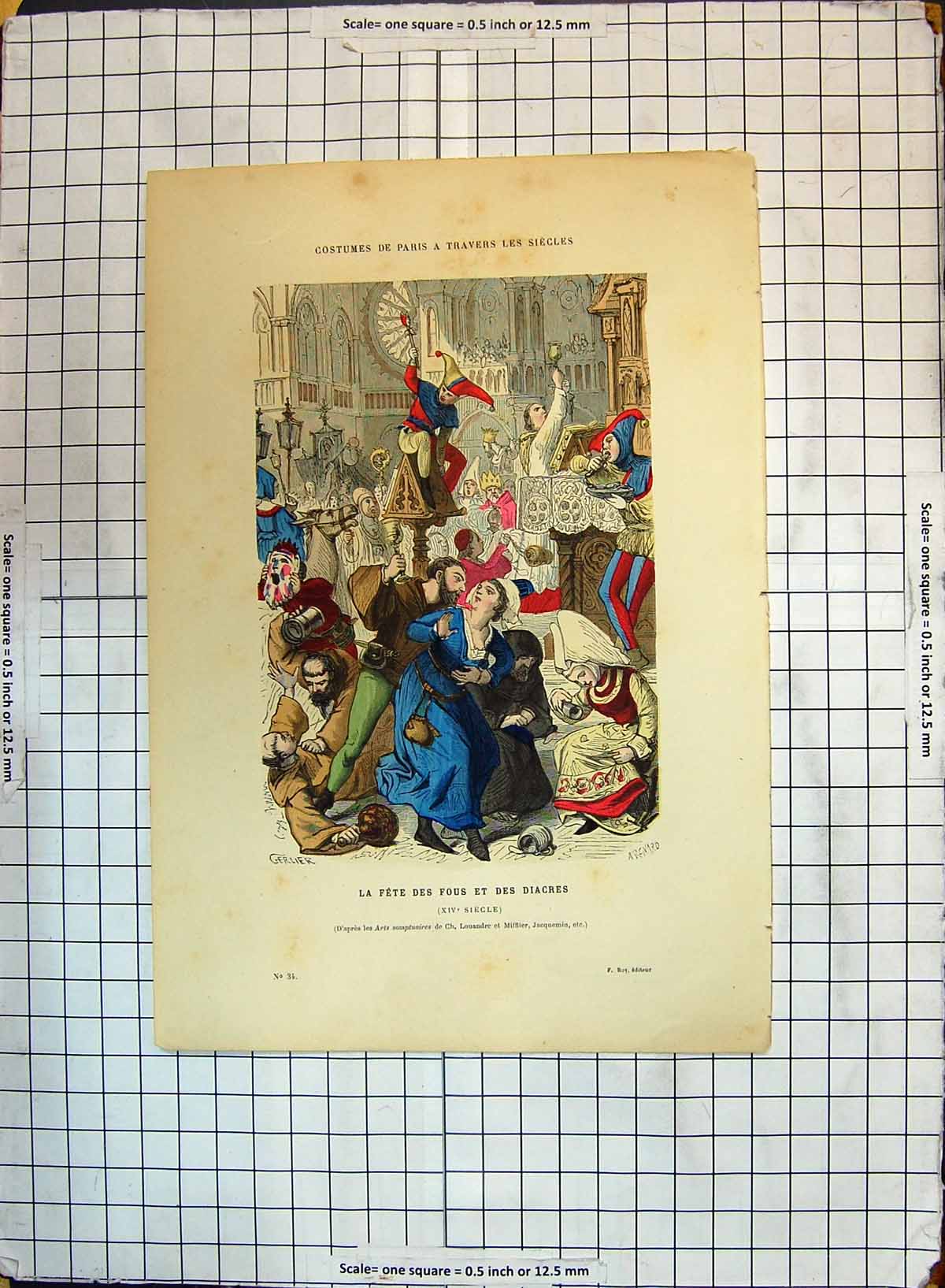 Original Old Antique Print Colour Costumes Paris Fete Des Fous Et Des Diacres