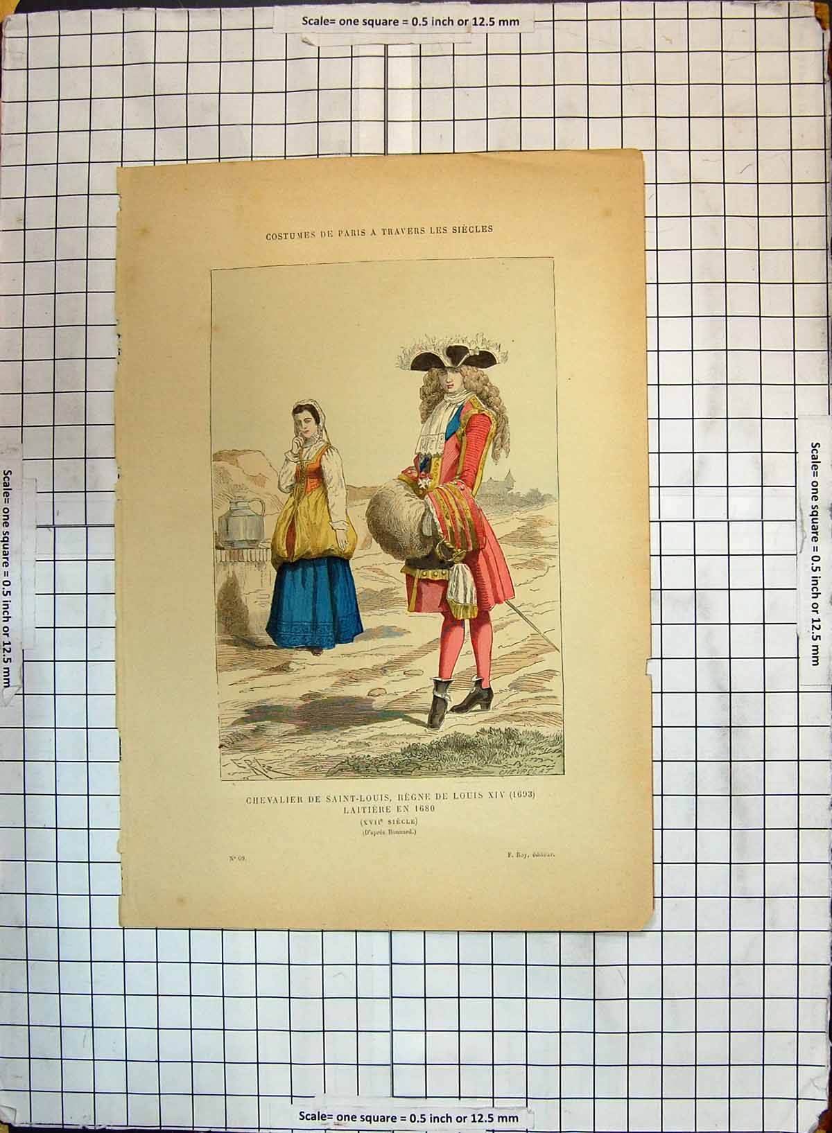 Original Old Antique Print Costumes Paris Chevalier Saint-Louis Regne Louis Xiv