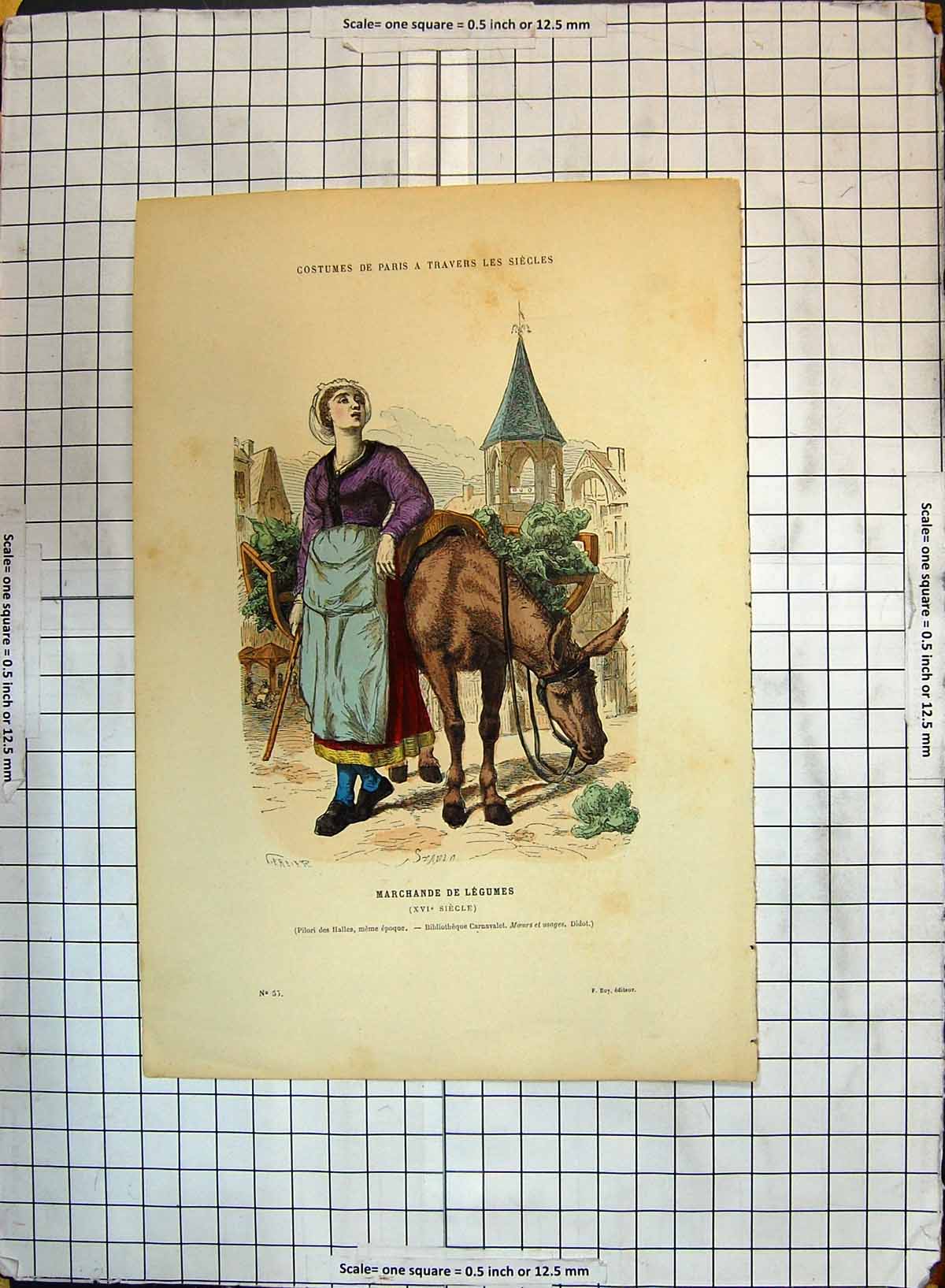 Original Old Antique Print Costumes Paris Marchande Legumes Woman Horse