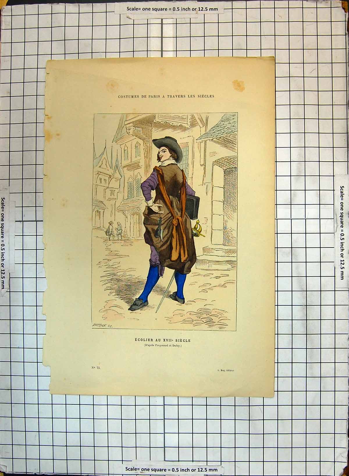 Original Old Antique Print Colour Costumes Paris Ecolier Siegle Man Sword