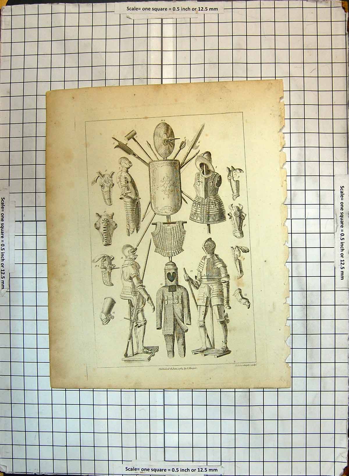 Original Old Antique Print Knight Armour War Costumes 1784 Hooper Engraving