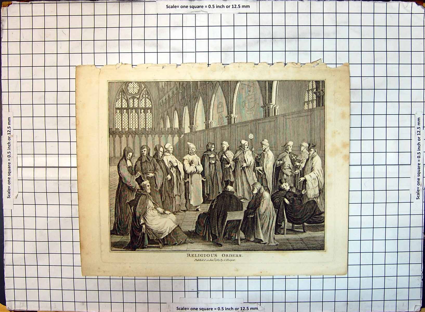 Original Old Antique Print Religious Orders Church Scene 1784 Engraving 18th