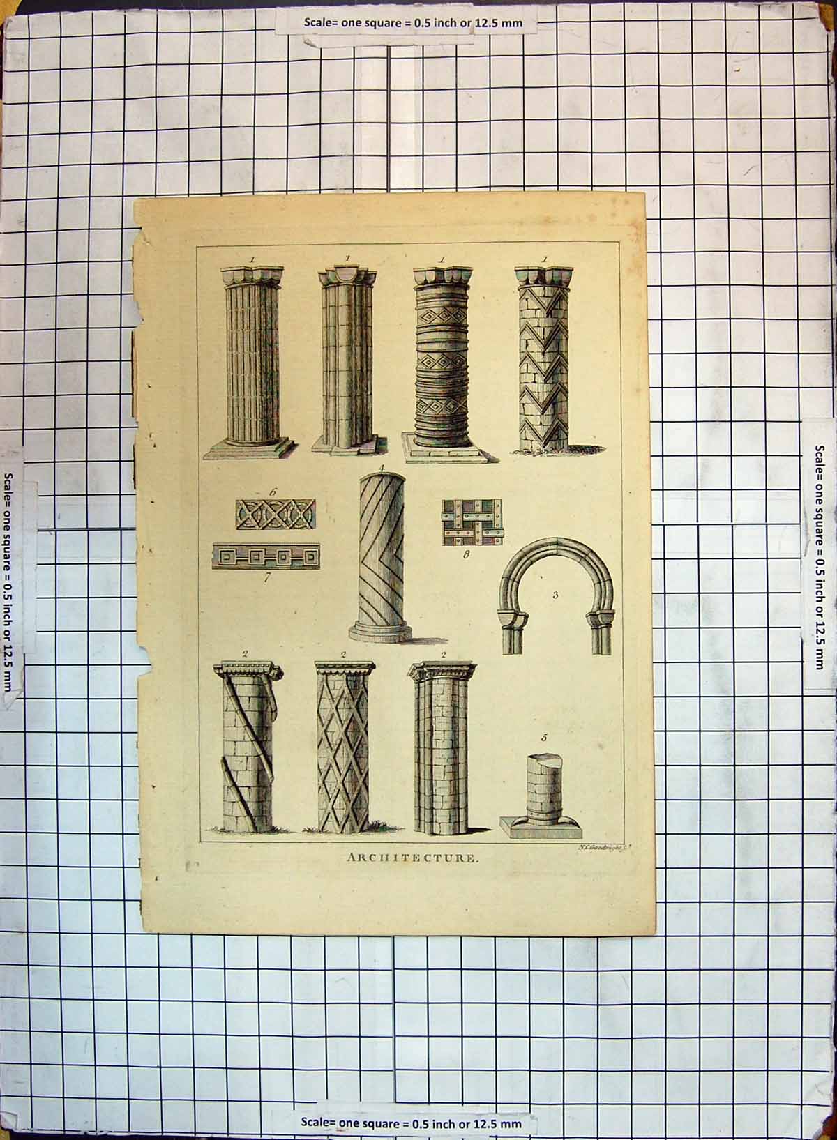 Original Old Antique Print Architecture Columns Pillars Engraving Goodnight