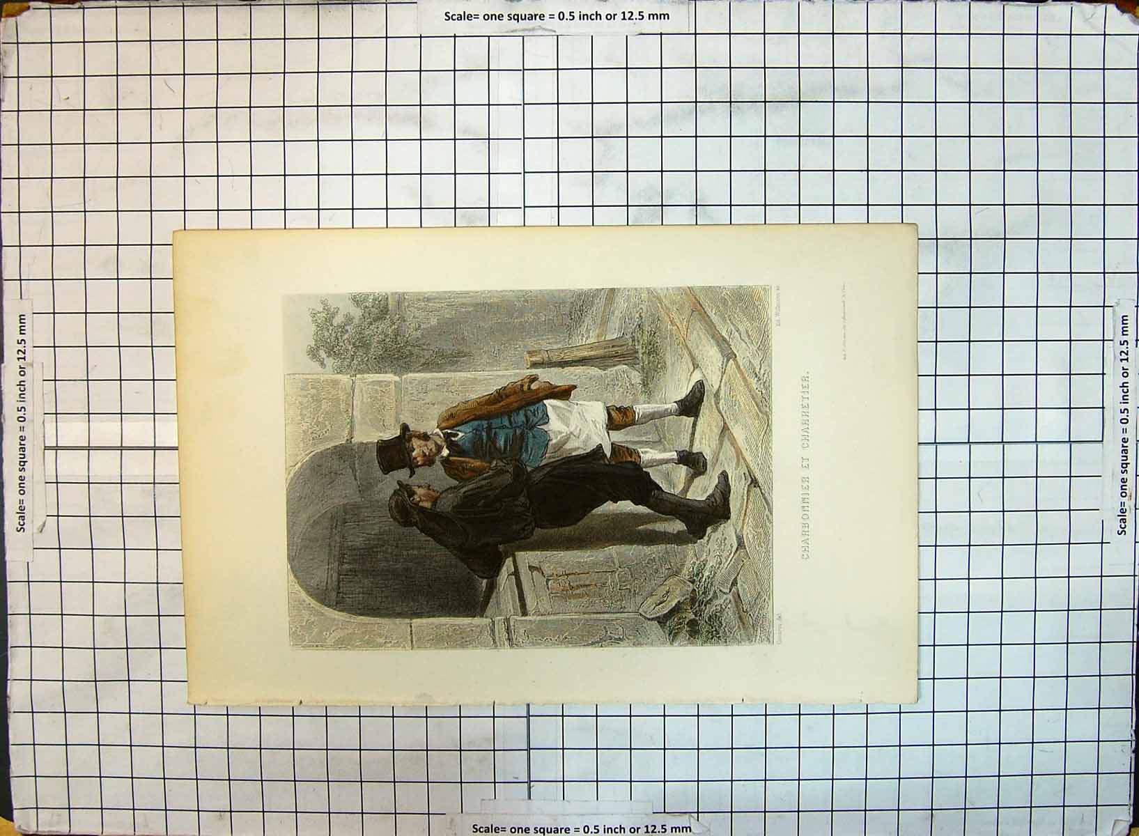 Old Antique Print Colour Charbonnier Et Charretier Men Meeting Willmann 18th