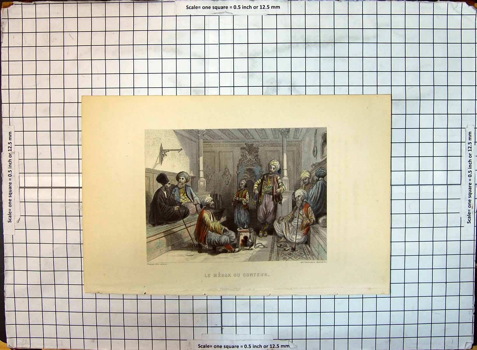 Original Old Antique Print Colour Le Medak Conteur Men Smoking Pipes 19th