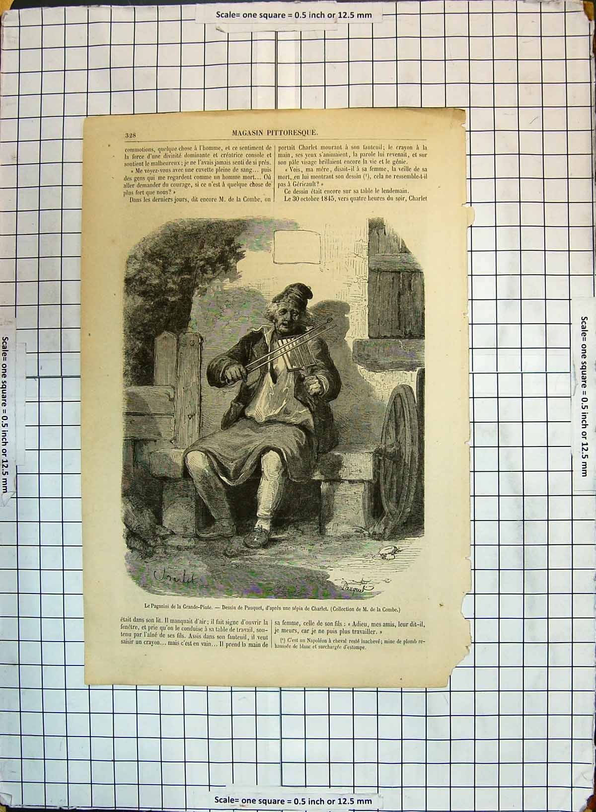Old Music Instrument Man Paganini Grand-Pinte Dessin Pauquet Charlet 19th