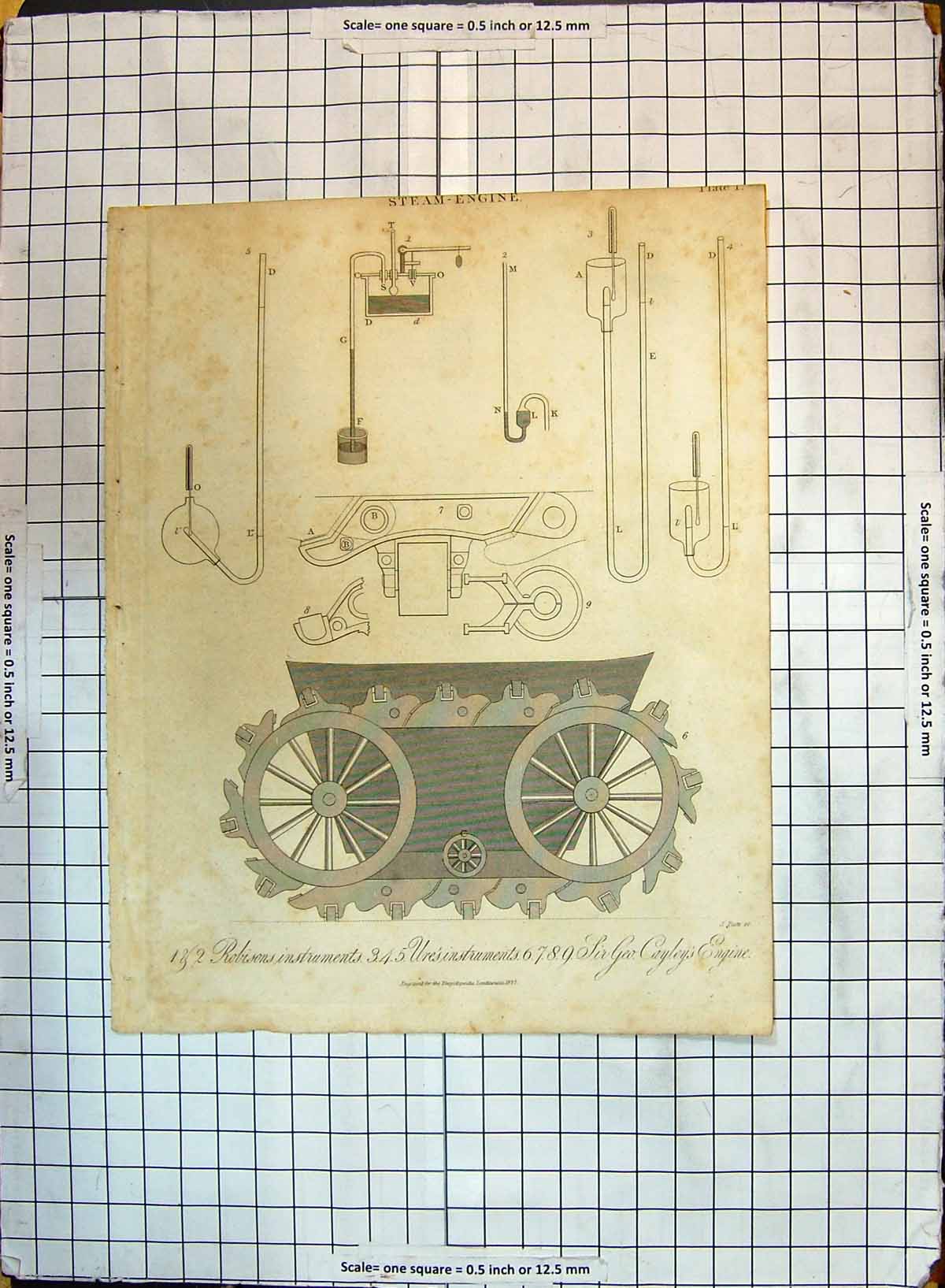 Antique Old Print Steam Engine Robisons Instruments Ure Instruments Cayley 20th