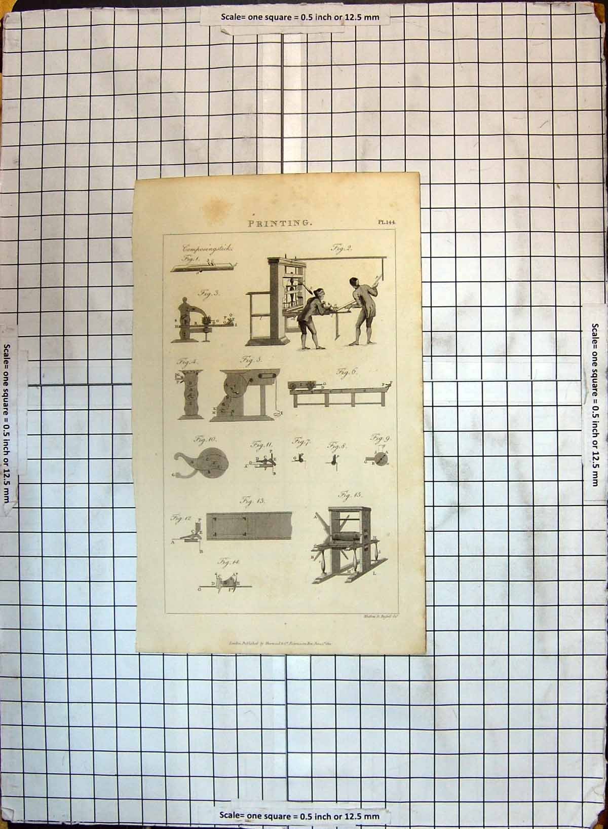 Original Old Antique Print Ing Machinery Composingstick Instruments 20th