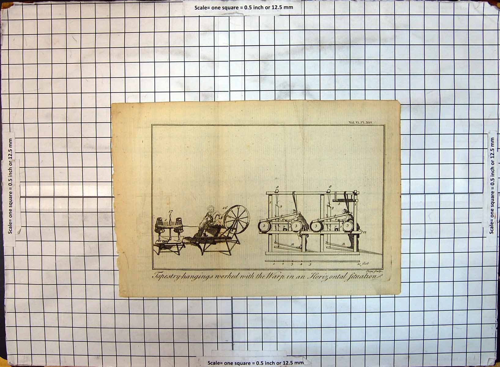 Original Old Antique Print Tapestry Hangings Loom Spinning Wheel Machinery