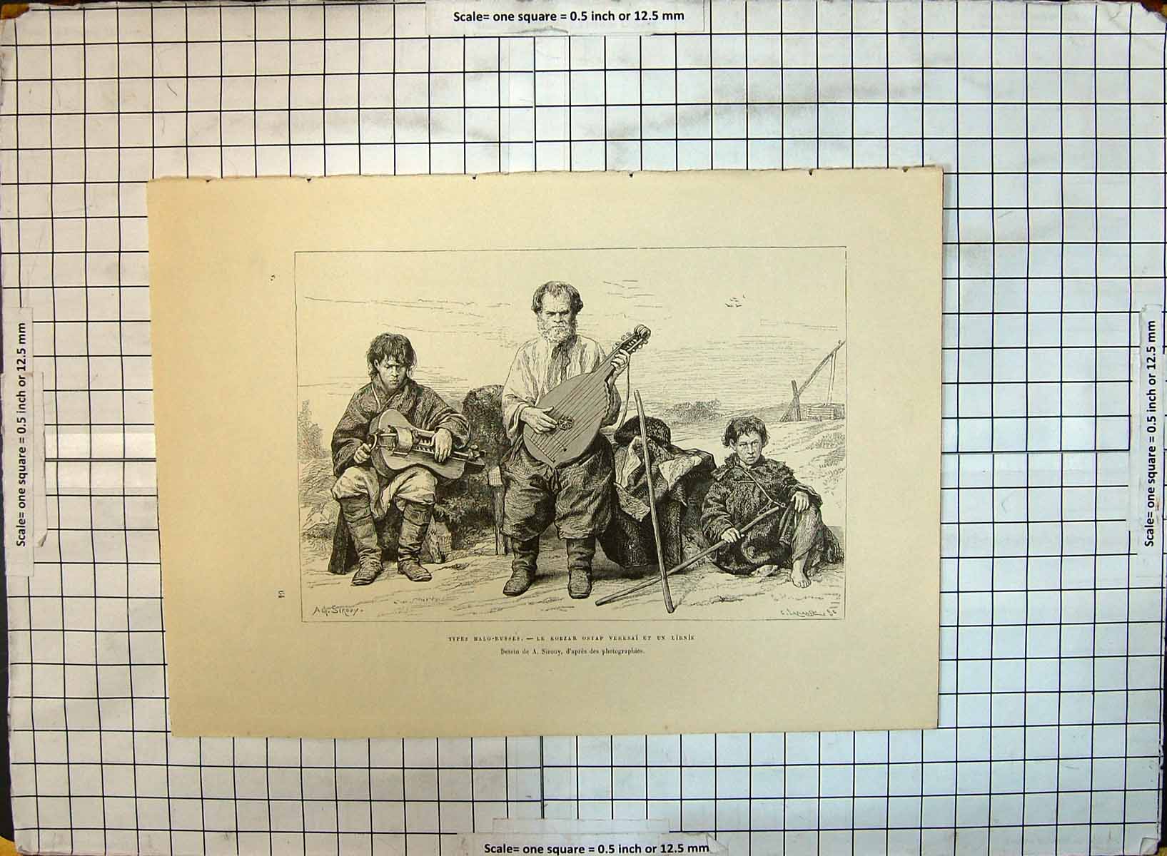 Original Old Antique Print Types Malo-Russes Kobzar Ostap Music Instruments Men
