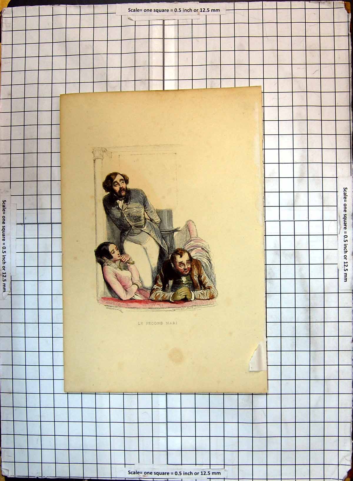 Original Old Antique Print Colour Second Mari Theatre Box Family