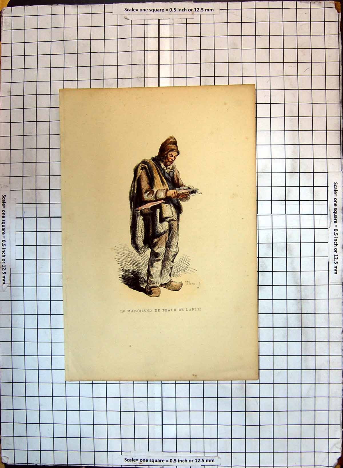 Original Old Antique Print Colour Le Marchand De Peaux De Lapins