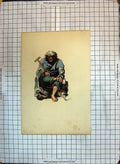 Original Old Antique Print Colour Poor Beggar Man Walking Stick