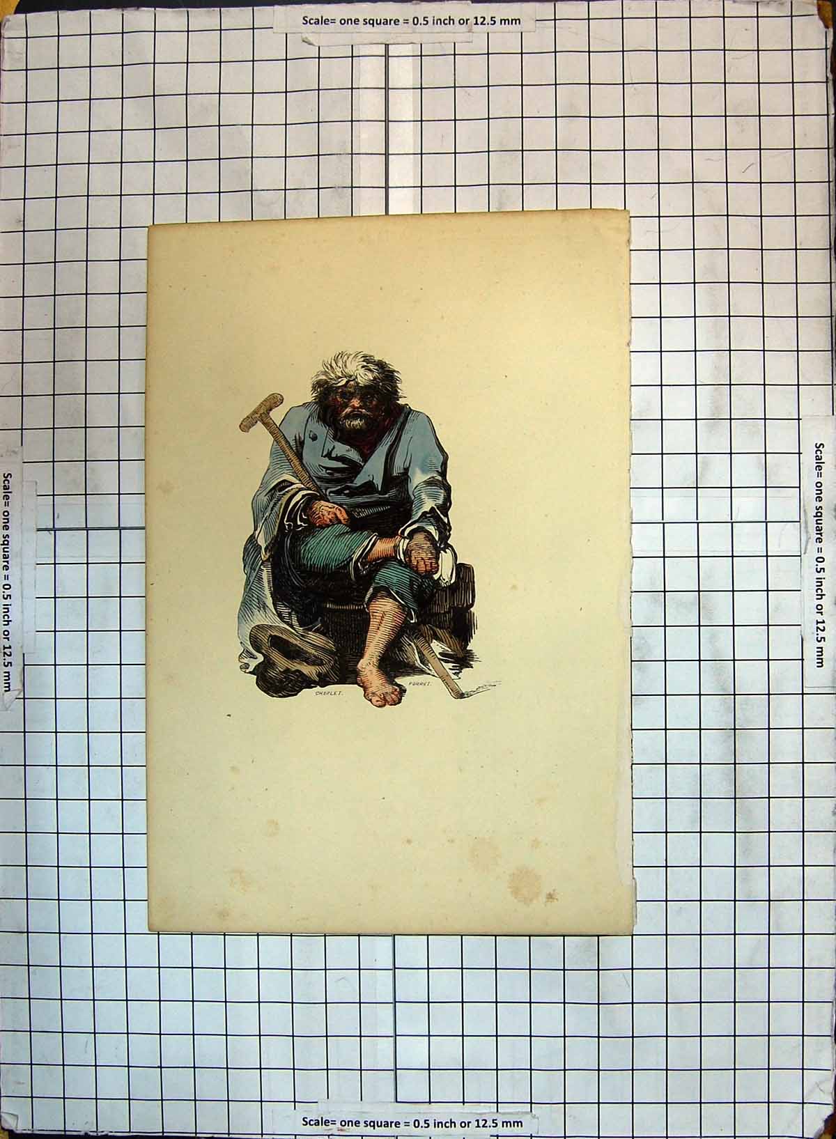 Original Old Antique Print Colour Poor Beggar Man Walking Stick