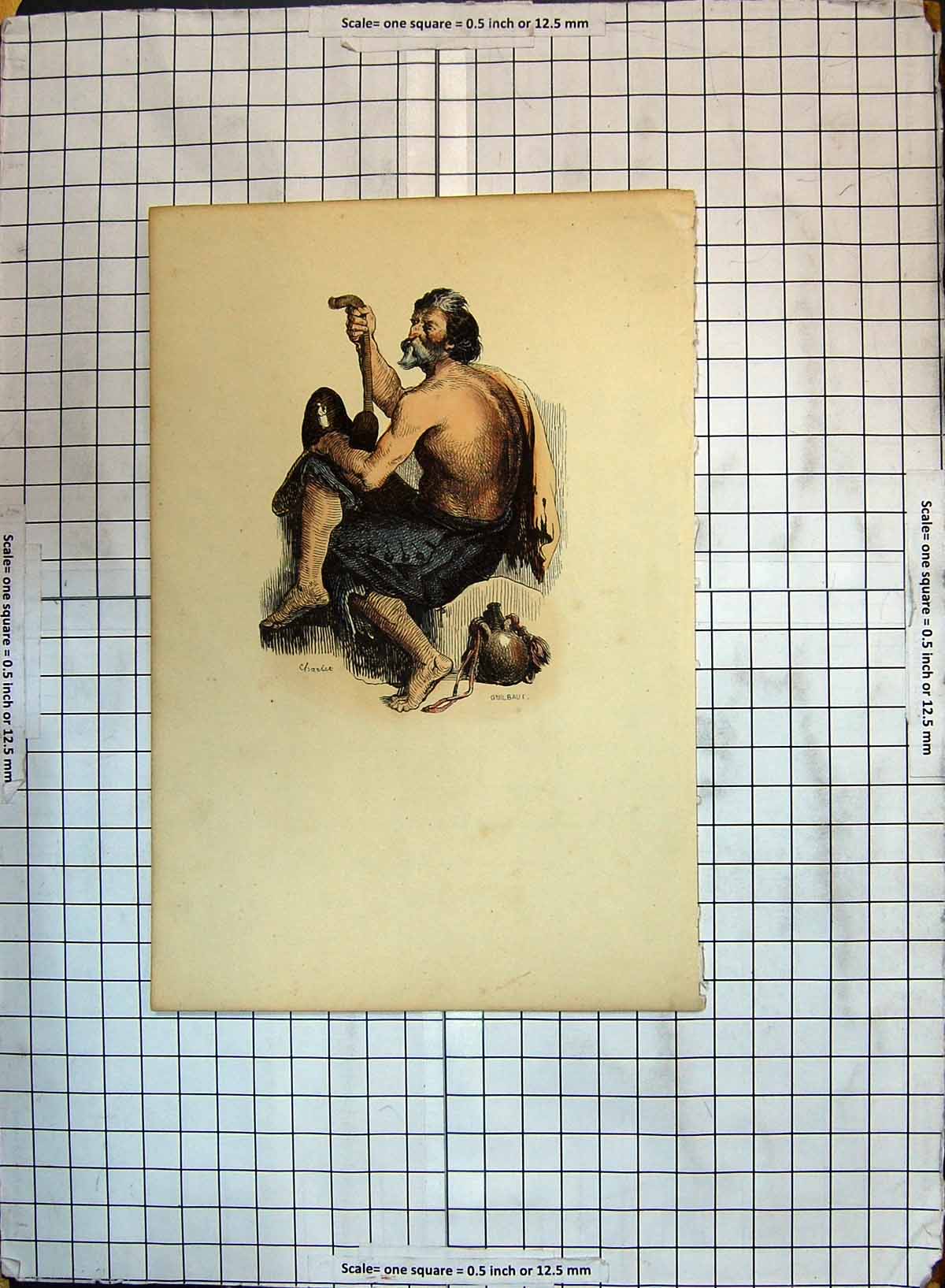 Original Old Antique Print Colour Man Walking Stick Ragged Clothes