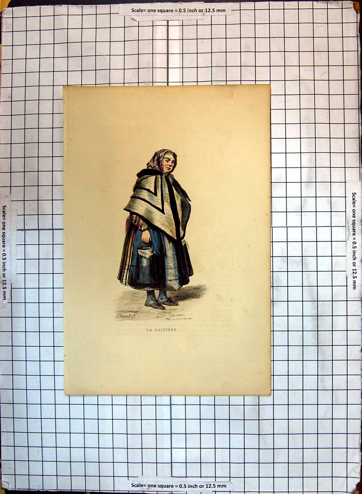 Original Old Antique Print Colour Woman La Laitiere Water Carriers