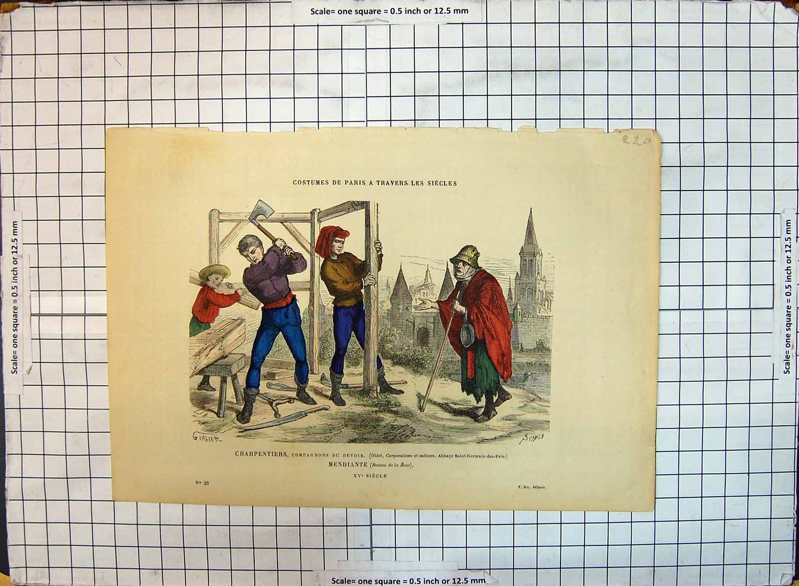 Old Antique Print Colour Costumes Paris Charpentiers Mendiante Carpenters