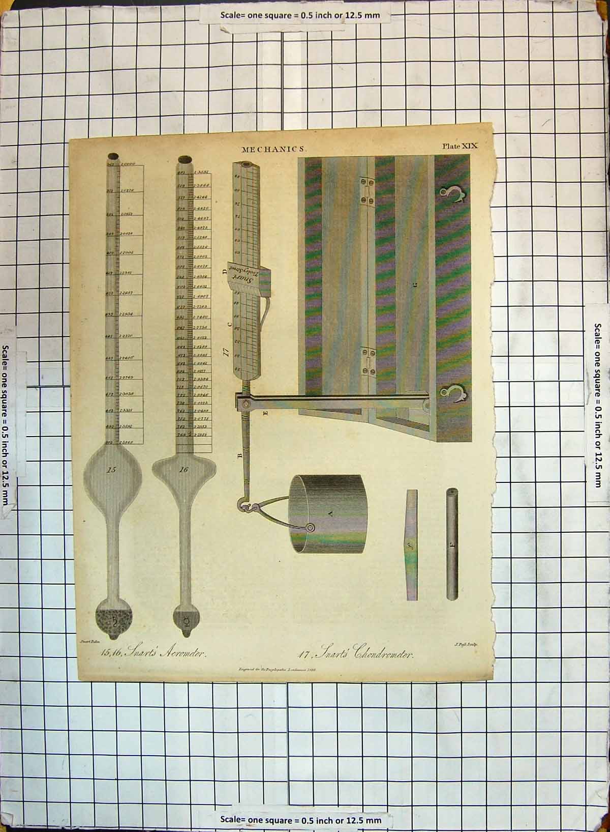 Original Old Antique Print Mechanics Snart'S Aerometer Chondrometer Instruments