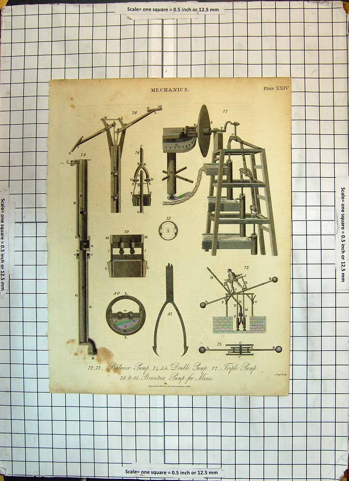 Original Old Antique Print 1816 Mechanics Balance Pump Brunton Mines Machinery