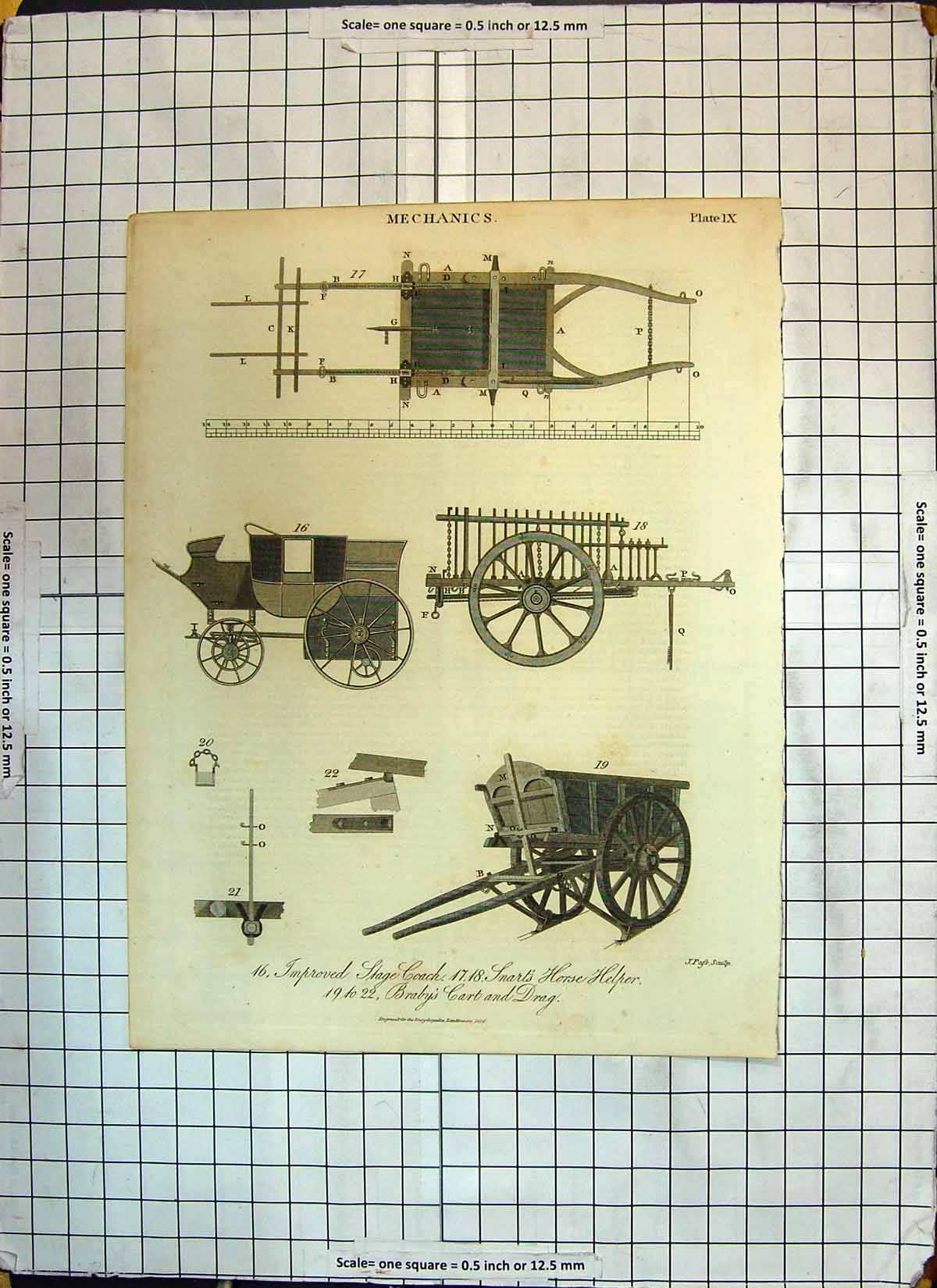 Antique Print 1816 Mechanics Stage Coach Snart Horse Helper Braby Cart Drag