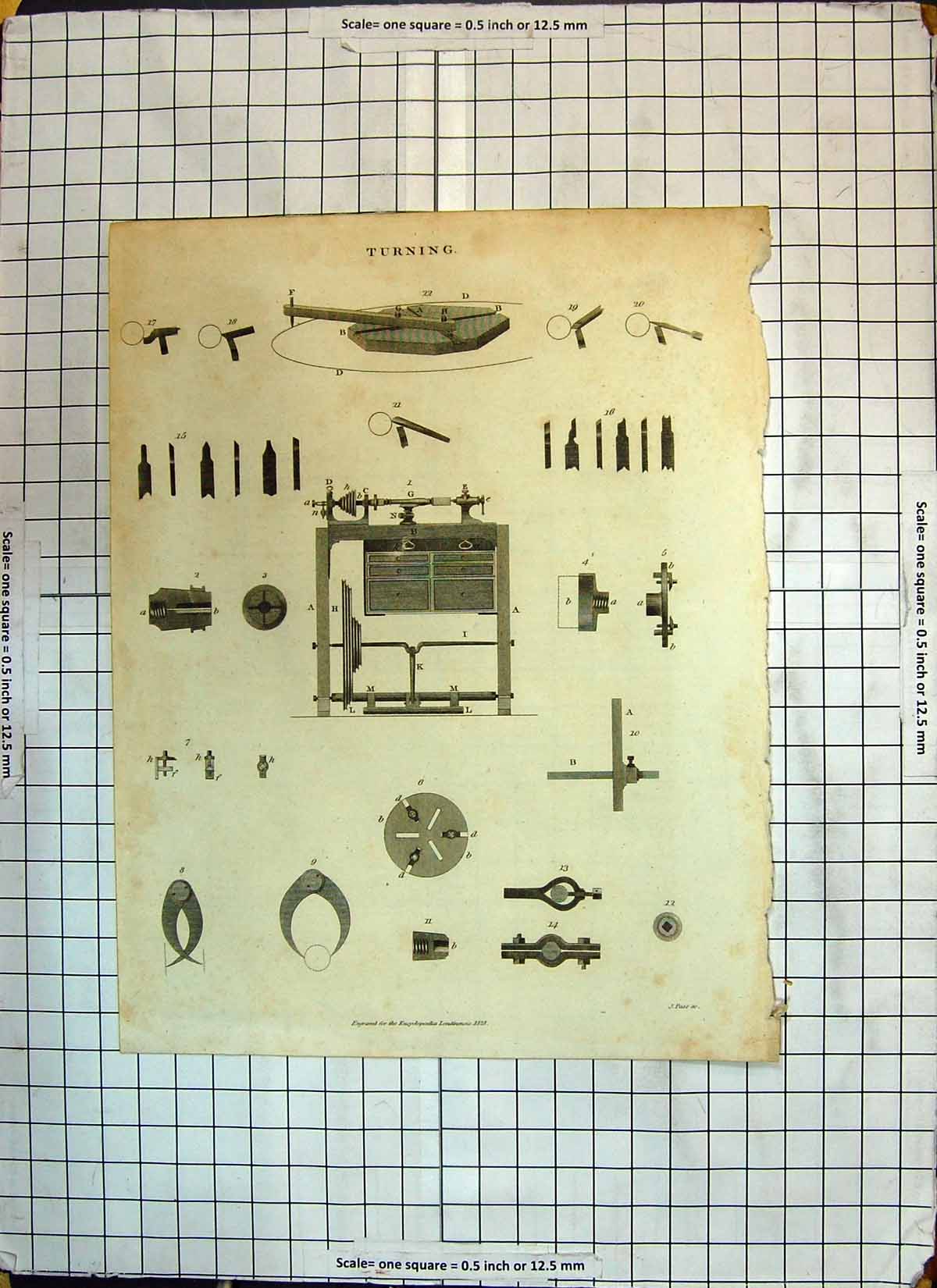 Original Old Antique Print 1818 Turning Machinery Instruments Mechanics 19th