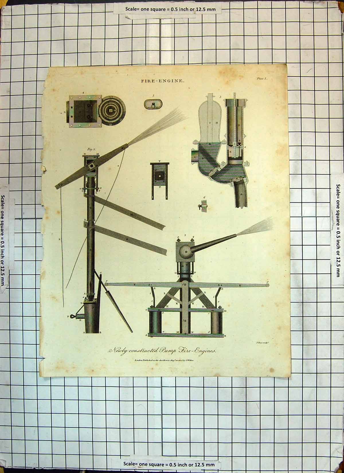 Original Old Antique Print Newly Constructed Pump Fire-Engine Machinery