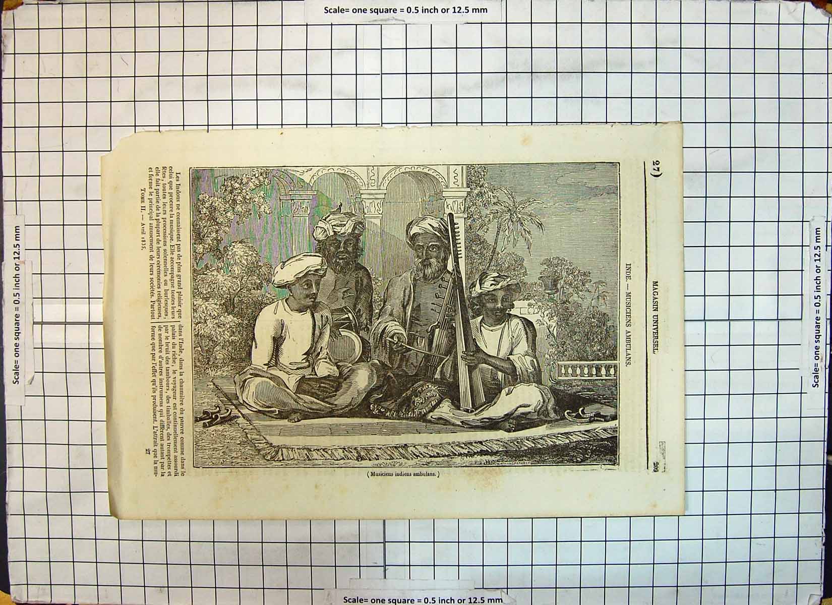 Old Antique Print Musicians Indian Men Music Musiciens Indiens Ambulans