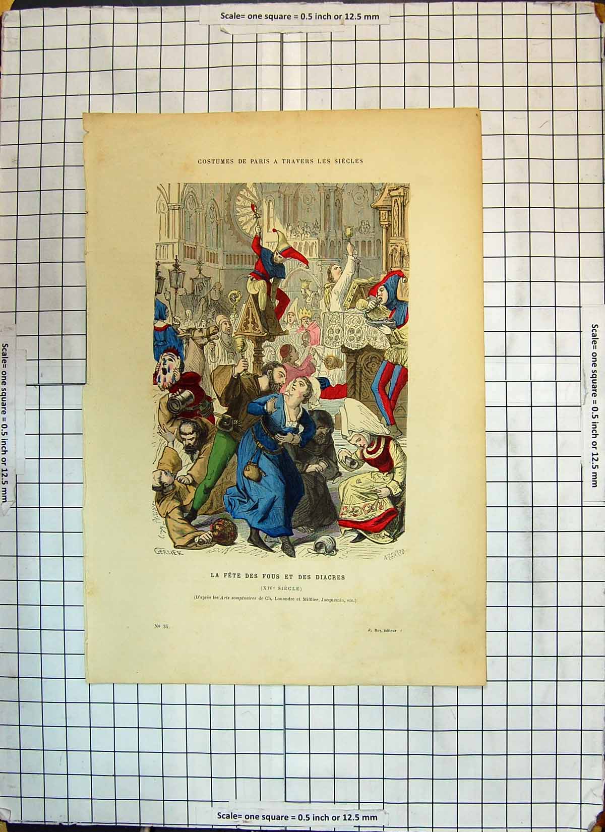 Antique Old Print Colour Costumes Paris Fete Des Fous Des Diacres Celebration